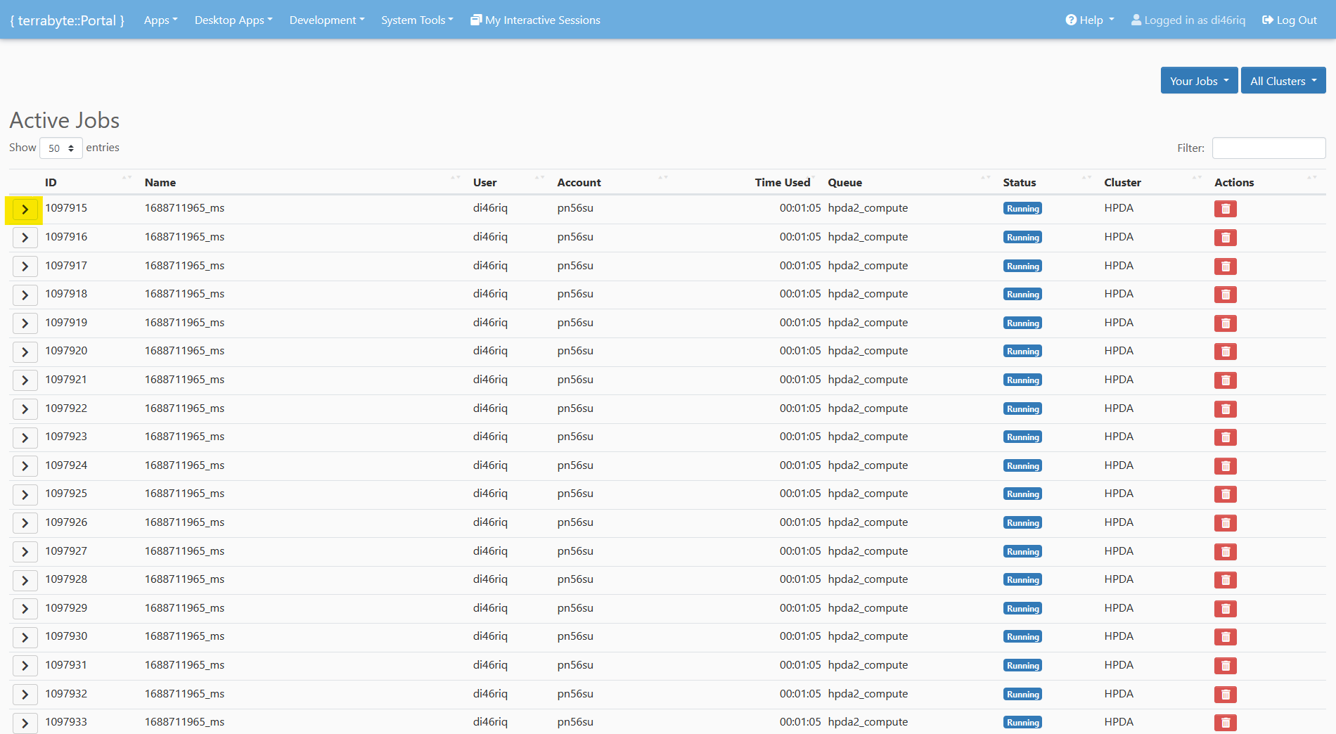 Portal Active Jobs dashboard